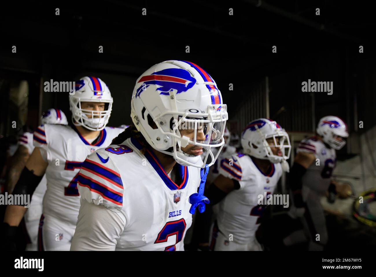 Cincinnati, Ohio, USA. 2nd Jan, 2023. Buffalo Bills safety DAMAR HAMLIN (3) exiting the tunnel prior to kickoff during week 17 of the NFL regular season between the Buffalo Bills and Cincinnati Bengals in Cincinnati on Monday Night Football match. Safety Damar Hamlin (3) was seriously injured on the field during the game. The game was postponed indefinitely after Hamlin collapsed. Hamlin is reported to be in critical condition. Credit: csm/Alamy Live News Stock Photo