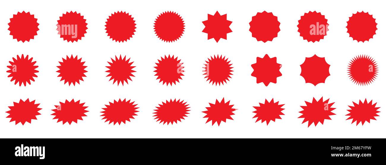 Set of vector red starburst, sunburst badges. Simple flat style vintage
