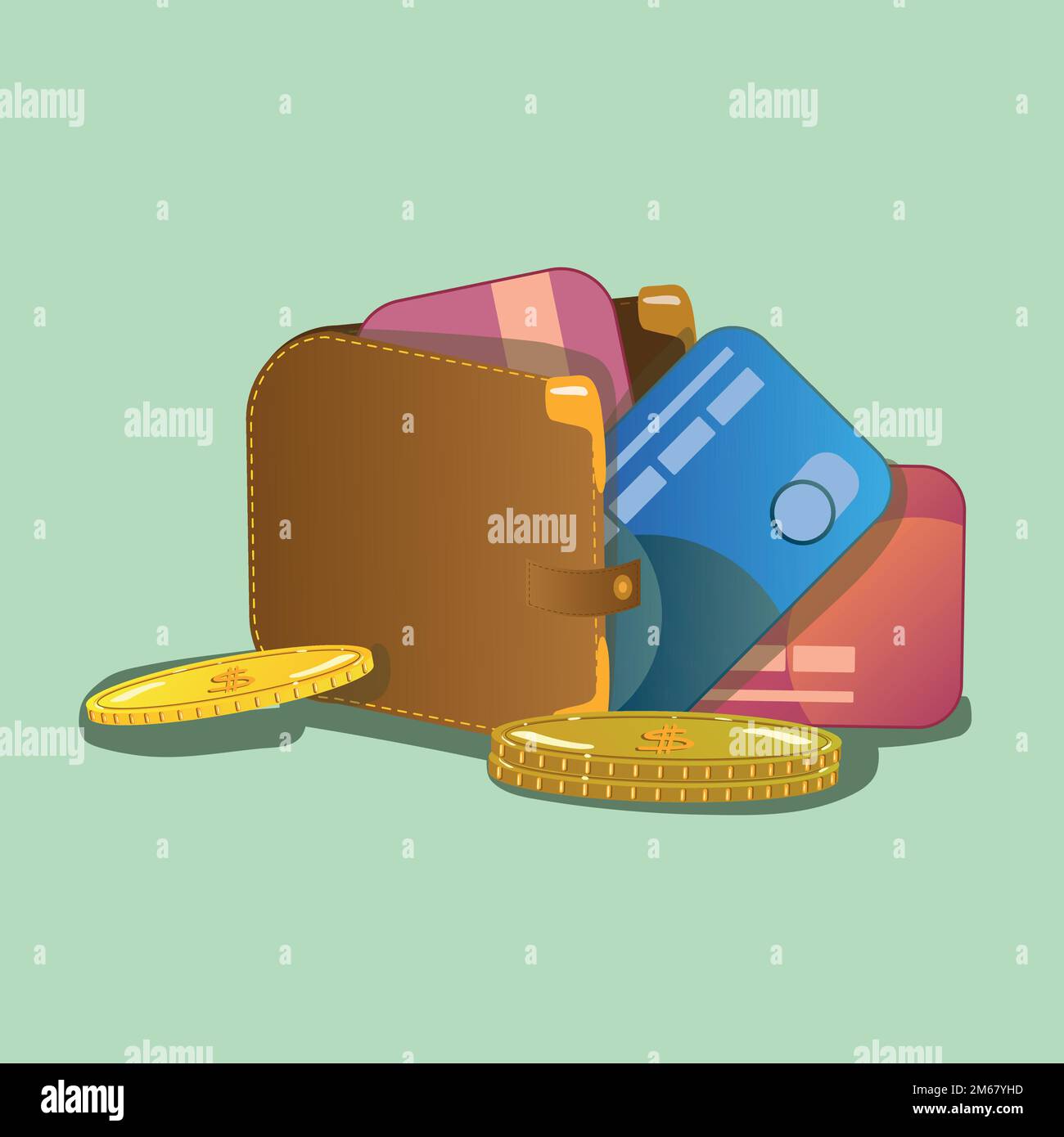 Brown wallet with plastic cards and gold spilling out of it, on green background in cartoon style. Icon, vector, isolated. Stock Vector
