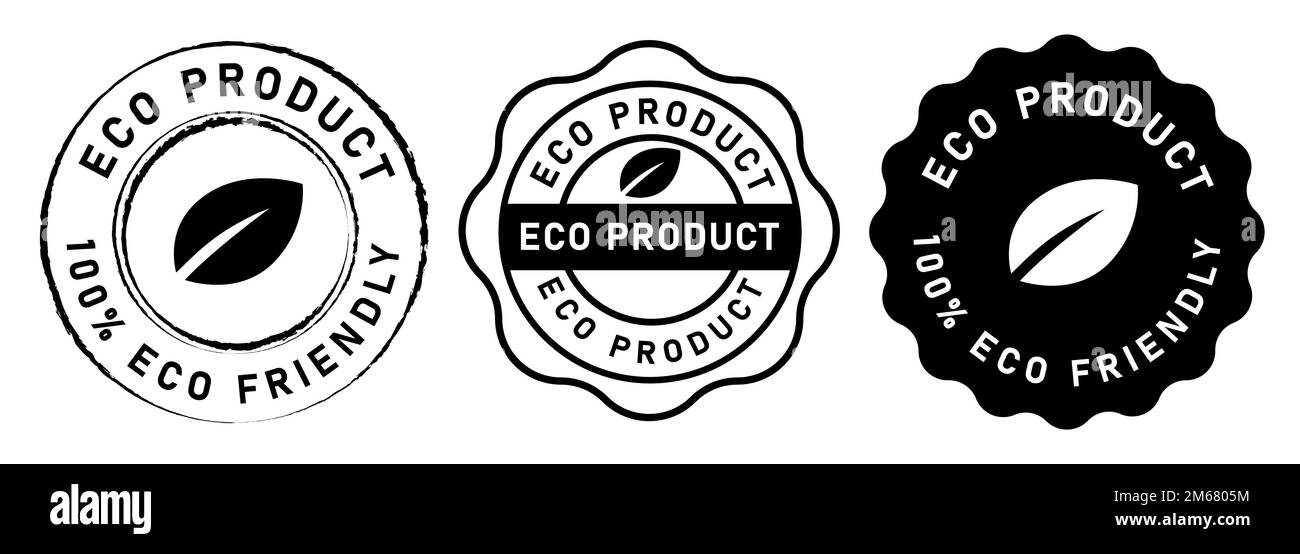 Eco product label and stamp in black white transparent format leaf icon Stock Vector