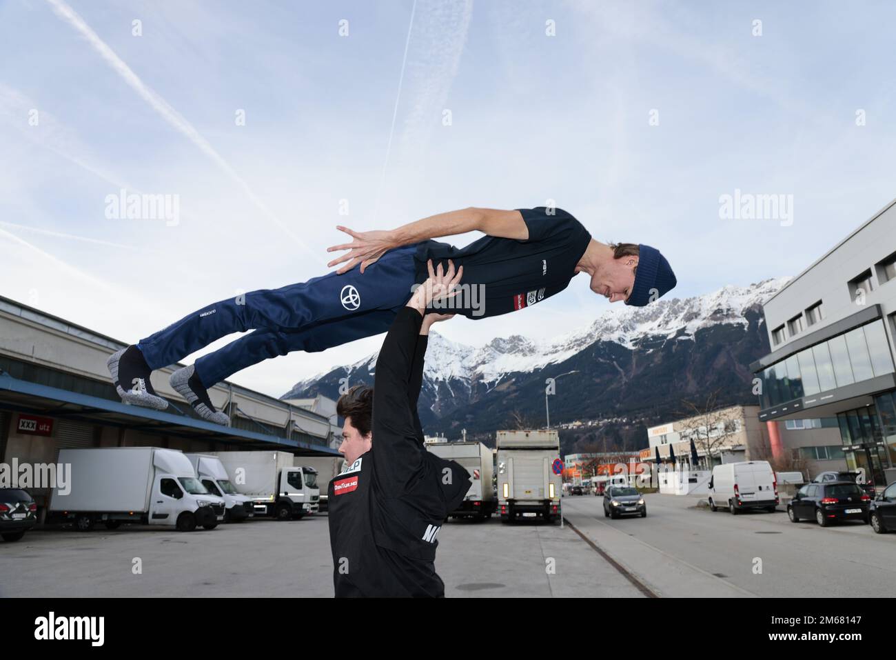 Innsbruck, Austria 20230102.Daniel-André Tande and Magnus Brevig train outside the hotel in Innsbruck in connection with the German/Austrian show jumping competition. Photo: Geir Olsen / NTB Stock Photo