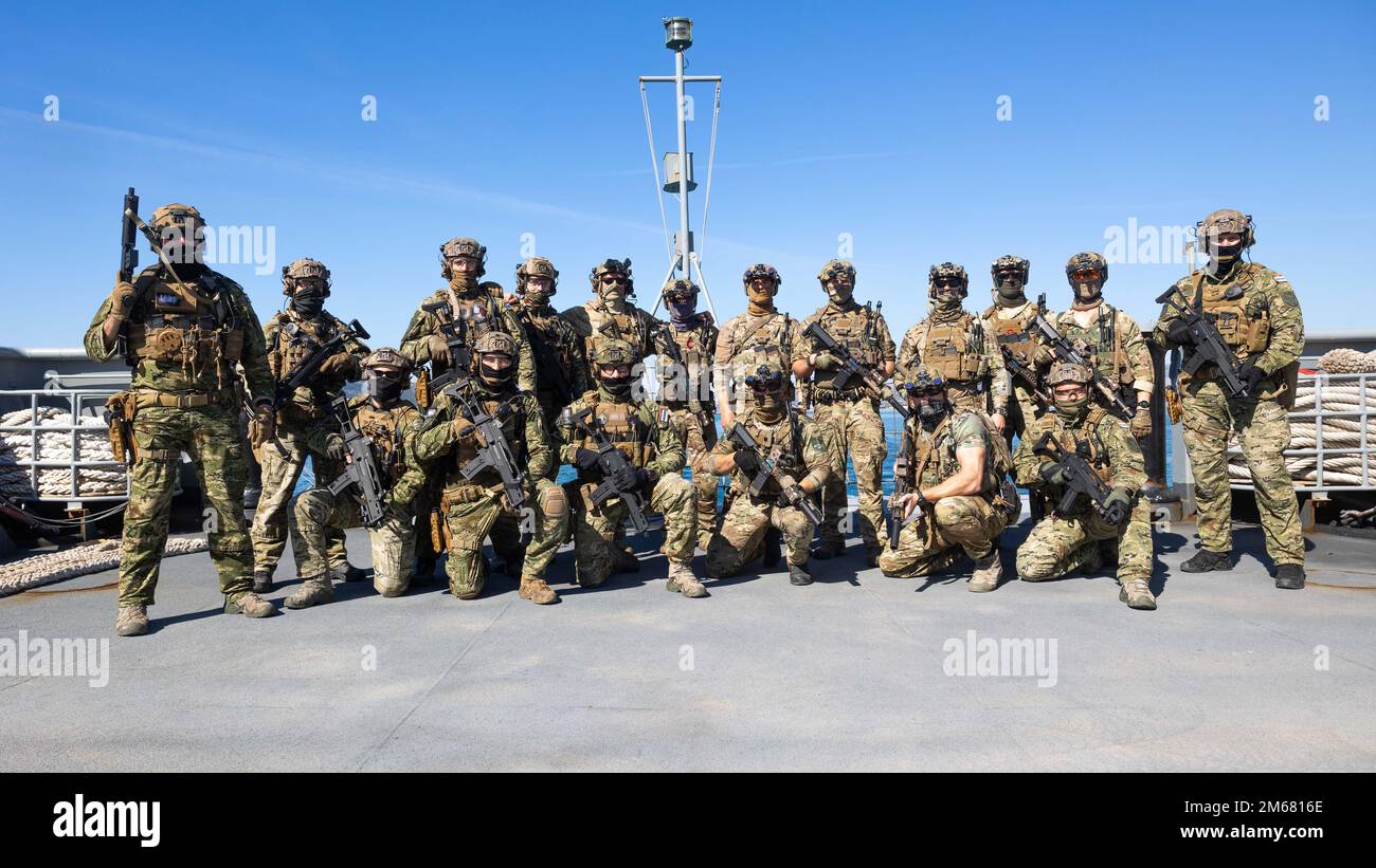Croatian Zapovjedništvo Specialjalnih Snaga (ZSS) and members of U.S. Naval Special Warfare Task Unit Europe (NSWTU-E) conduct maritime Visit, Board, Search, and Seizure (VBSS) training in Split, Croatia, April 14, 2022. For the Croatian ZSS, Joint Combined Exchange Training, or JCET with partner nations is not uncommon. The ZSS  were founded in 2000 as the Special Operations Battalion and since then, its operators have participated in multiple operations, including stints in Afghanistan as part of NATO’s International Security Assistance Force (ISAF). Stock Photo