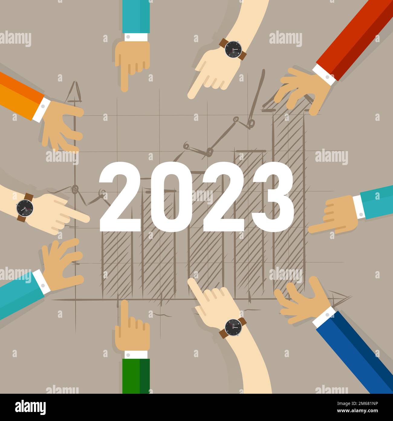 2023 new year team together analyze graph rise chart increase