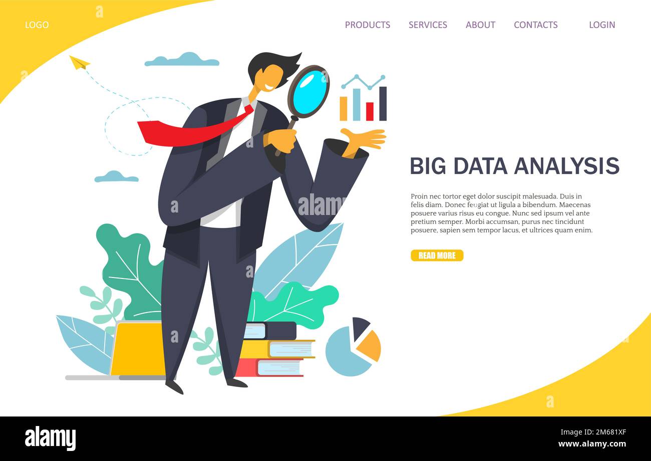 Big data analysis vector website template, web page and landing page design for website and mobile site development. Businessman looking at graph on h Stock Vector