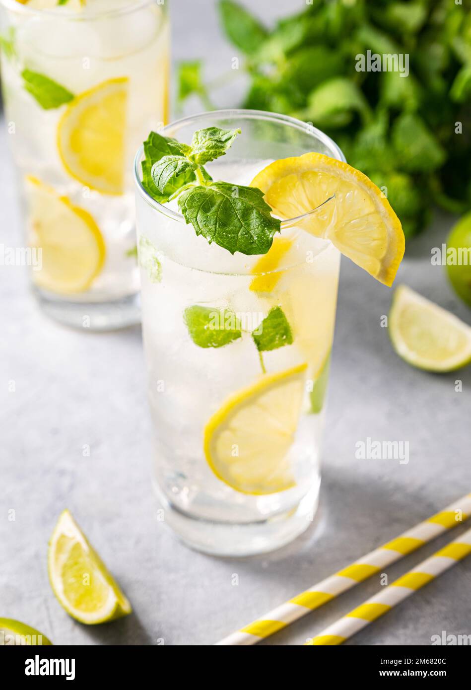 Mojito drink with fresh lemons. Refreshing cocktail with lime, lemon, mint and ice in a tall glass on gray background. Summer cold drinks concept. Stock Photo
