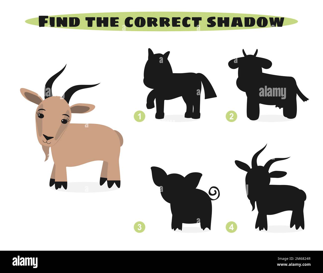 Find correct shadow. Cute farm animals. Education game.  Stock Vector
