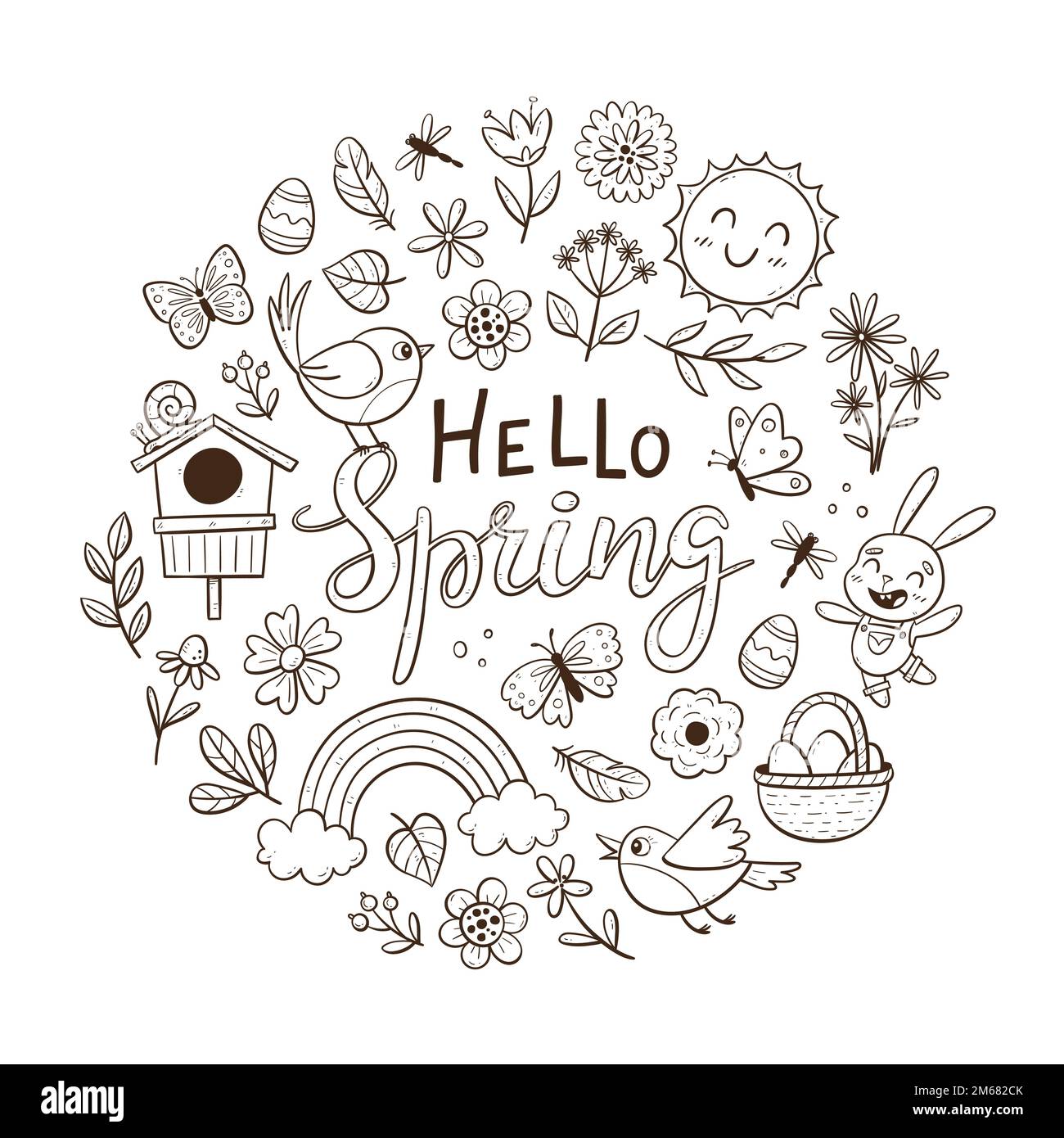 Hand drawn spring background with flowers, butterflies and seasonal ...