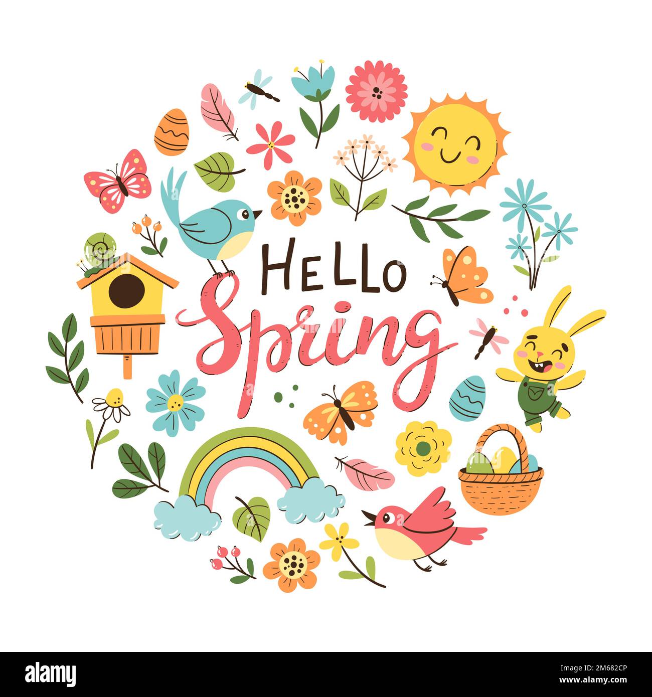 Hand drawn spring background with flowers, butterflies and seasonal ...