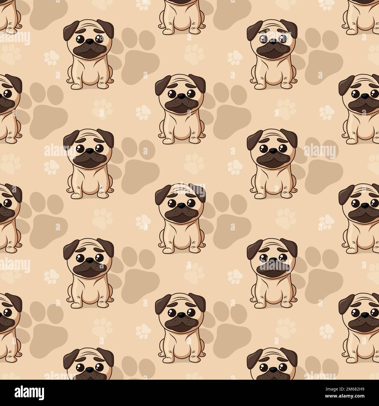 Cute seamless pattern with cartoon Pug and paws. Stock Vector