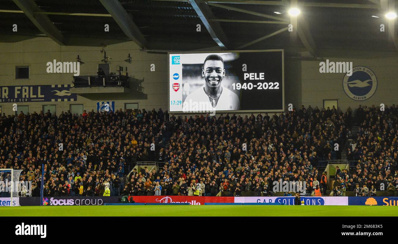 Tribute to Pele before  the Premier League match between Brighton & Hove Albion and  Arsenal at The American Express Community Stadium , Brighton , UK - 31st December 2022  Photo Simon Dack/Telephoto Images Editorial use only. No merchandising. For Football images FA and Premier League restrictions apply inc. no internet/mobile usage without FAPL license - for details contact Football Dataco Stock Photo