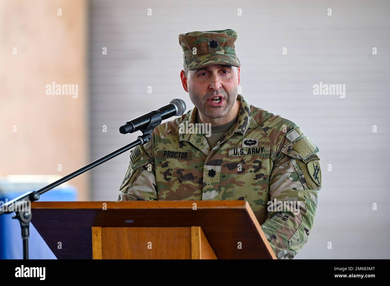 U.S. Army Lt. Col. Adam Proctor, 403rd Civil Affairs Battalion (CAB) commander and outgoing commander of Civil Affairs East and West Africa, thanks his Soldiers and welcomes the 411th CAB during a transfer of responsibility ceremony at Camp Lemonnier, Djibouti, April 15, 2022. In support of U.S. Africa Command and Combined Joint Task Force – Horn of Africa, the 411th CAB now has responsibility for two civil affairs companies: Civil Affairs West Africa and Civil Affairs East Africa. Stock Photo