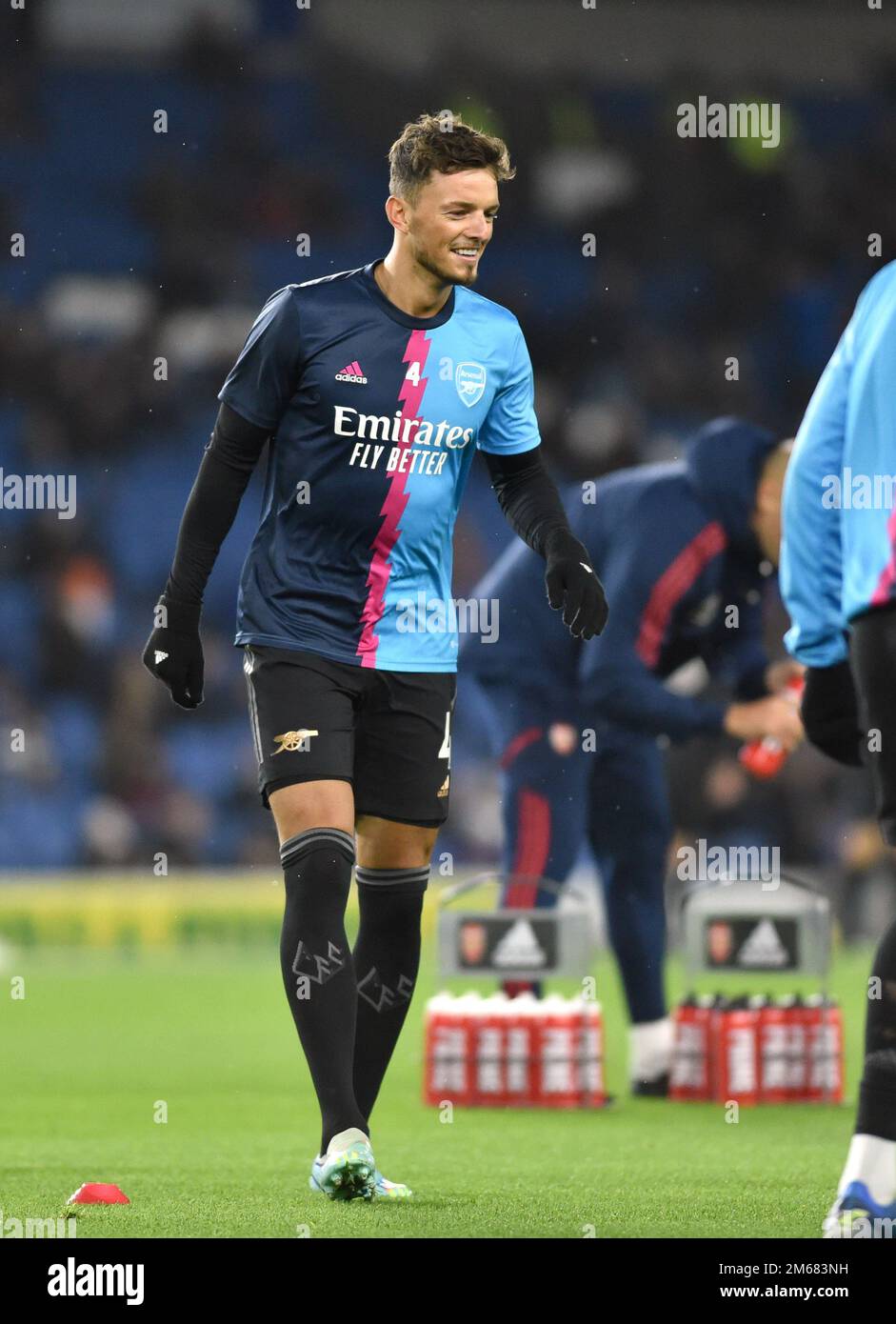 Ben White of Arsenal warming up during the Premier League match between Brighton & Hove Albion and  Arsenal at The American Express Community Stadium , Brighton , UK - 31st December 2022 Photo Simon Dack / Telephoto Images  Editorial use only. No merchandising. For Football images FA and Premier League restrictions apply inc. no internet/mobile usage without FAPL license - for details contact Football Dataco Stock Photo