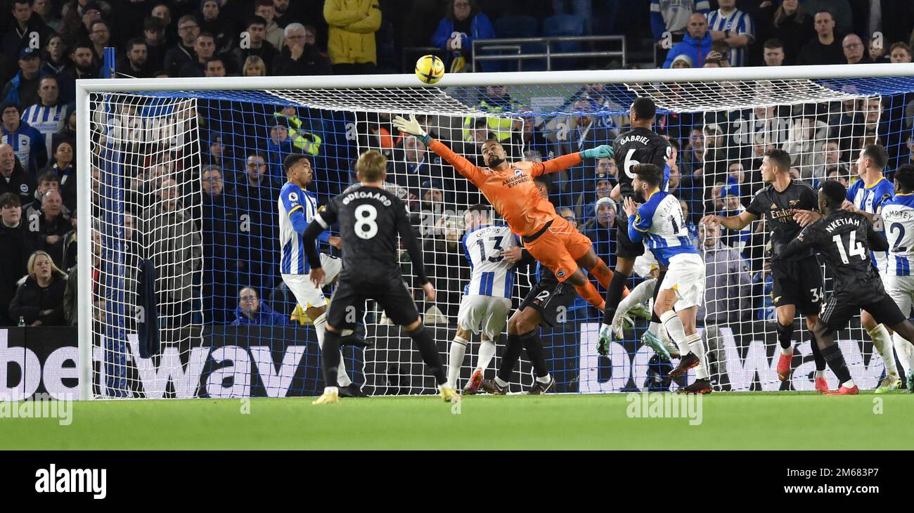 Robert Sanchez of Brighton makes s good save during the Premier League match between Brighton & Hove Albion and  Arsenal at The American Express Community Stadium , Brighton , UK - 31st December 2022 Photo Simon Dack/Telephoto Images.  Editorial use only. No merchandising. For Football images FA and Premier League restrictions apply inc. no internet/mobile usage without FAPL license - for details contact Football Dataco Stock Photo