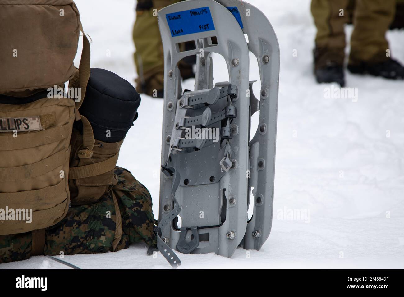 U.S. Marines with the 22nd Marine Expeditionary Unit, use Marine Corps modular snowshoes during cold weather training  in Setermoen, Norway, April 15, 2022. U.S. Marines and Sailors are training in Norway to strengthen relationships between NATO and allied forces. Stock Photo