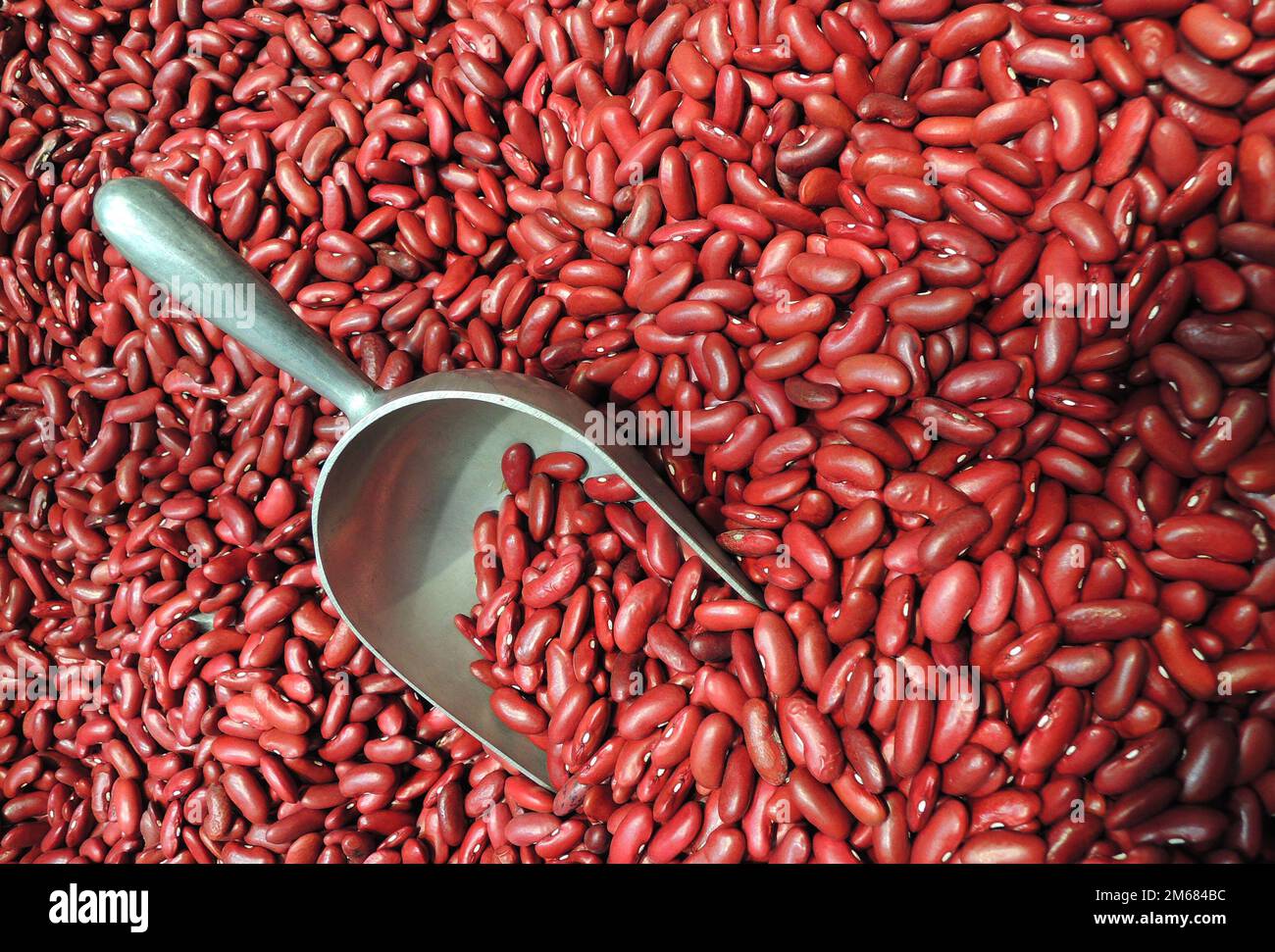 A scoop for bulk products is stuck in scattered large size kidney beans top view stock photo Stock Photo