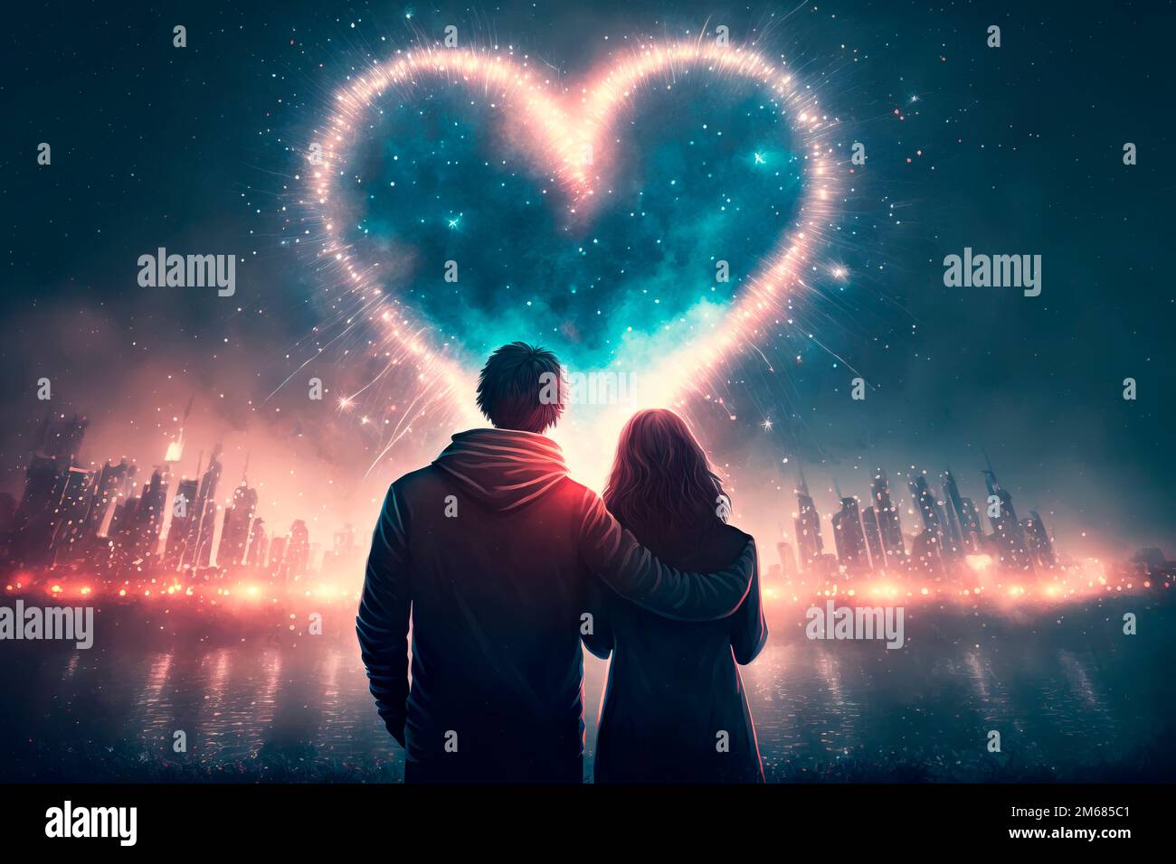 Heart shaped fireworks . Lovers couple background night city . Valentine Day.  Generative AI Stock Photo - Alamy