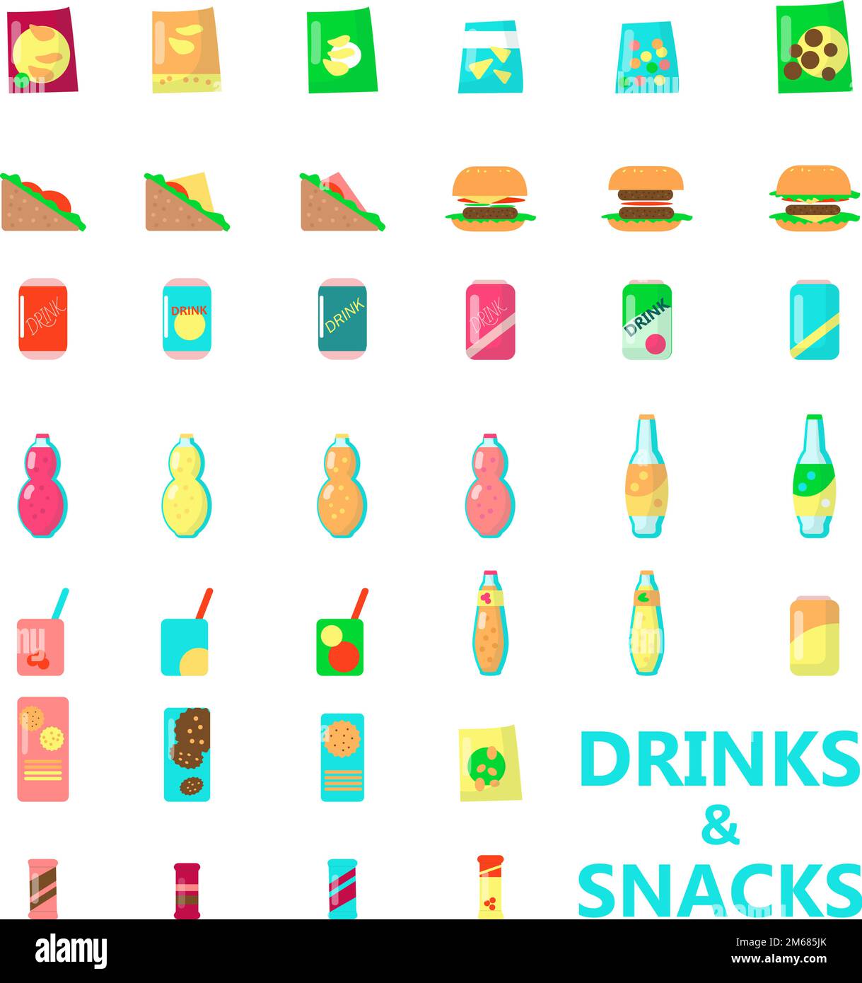 Drinks and snacks, vending machine product icon set. Vector flat