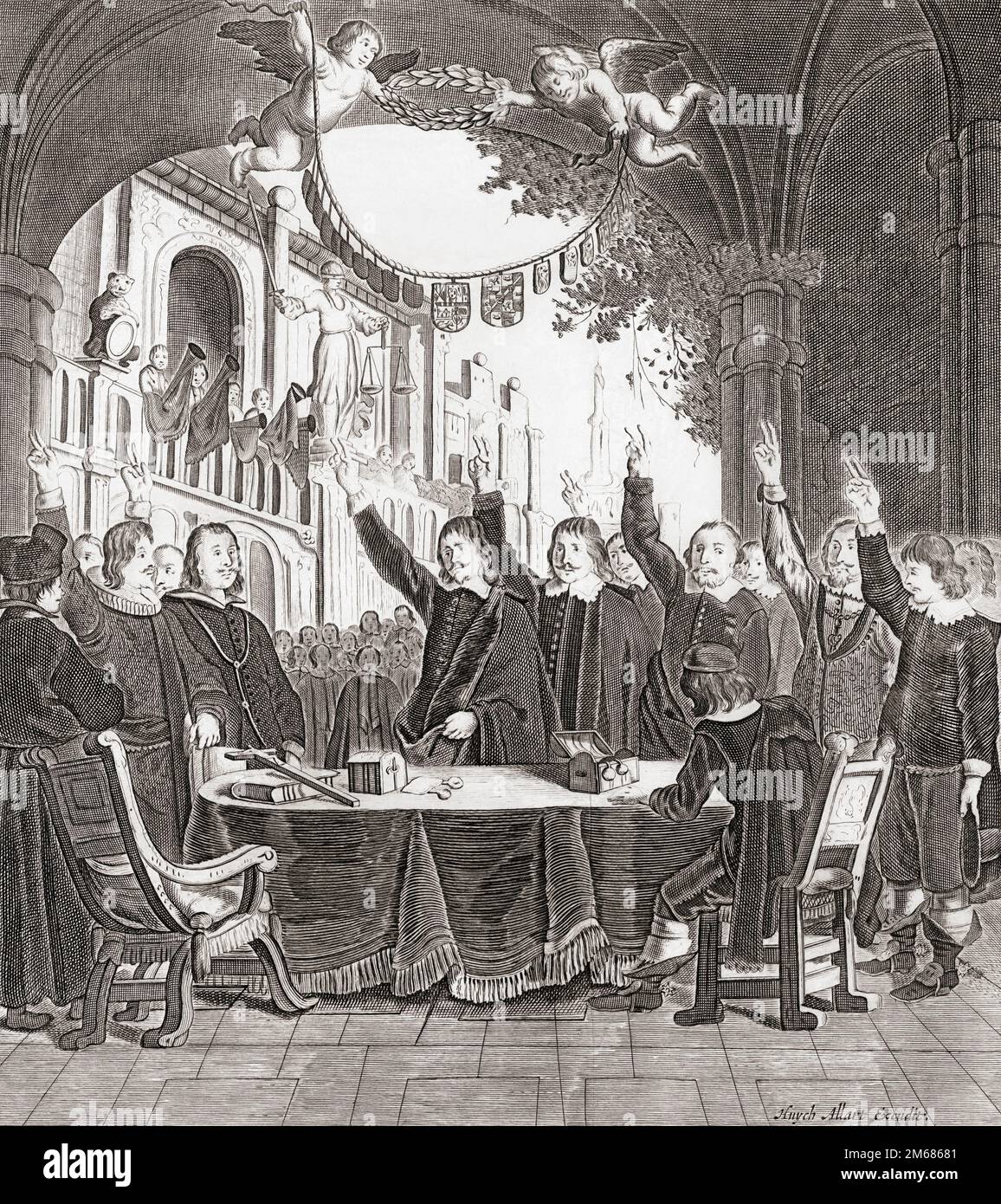 Delegates swearing the Oath of Ratification of the Peace of Munster, May 15, 1648, which ended the Eighty Years War between Spain and the Netherlands.  After a work by an unknown artist. Stock Photo