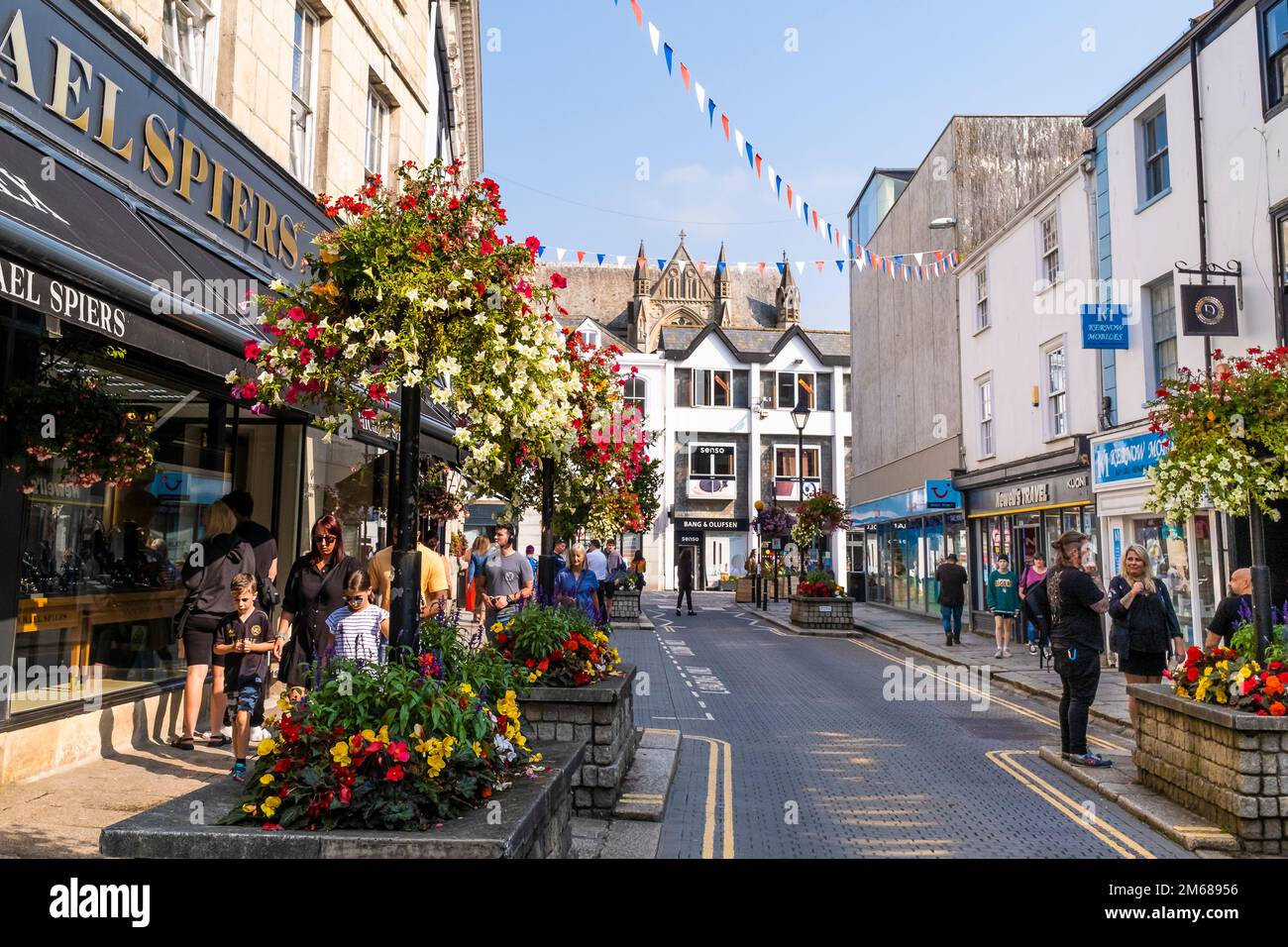 Colourful floral displays in Lemon Street in Truro City centre in Cornwall in the UK in Europe. Stock Photo