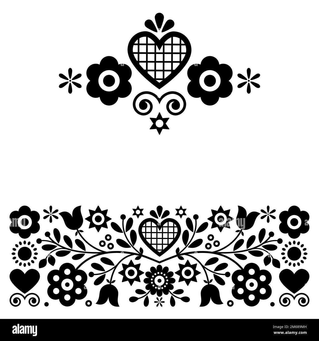 Retro Polish floral folk art vector black and white design elements inspired by old highlanders embroidery Lachy Sadeckie from Nowy Sacz in Poland Stock Vector