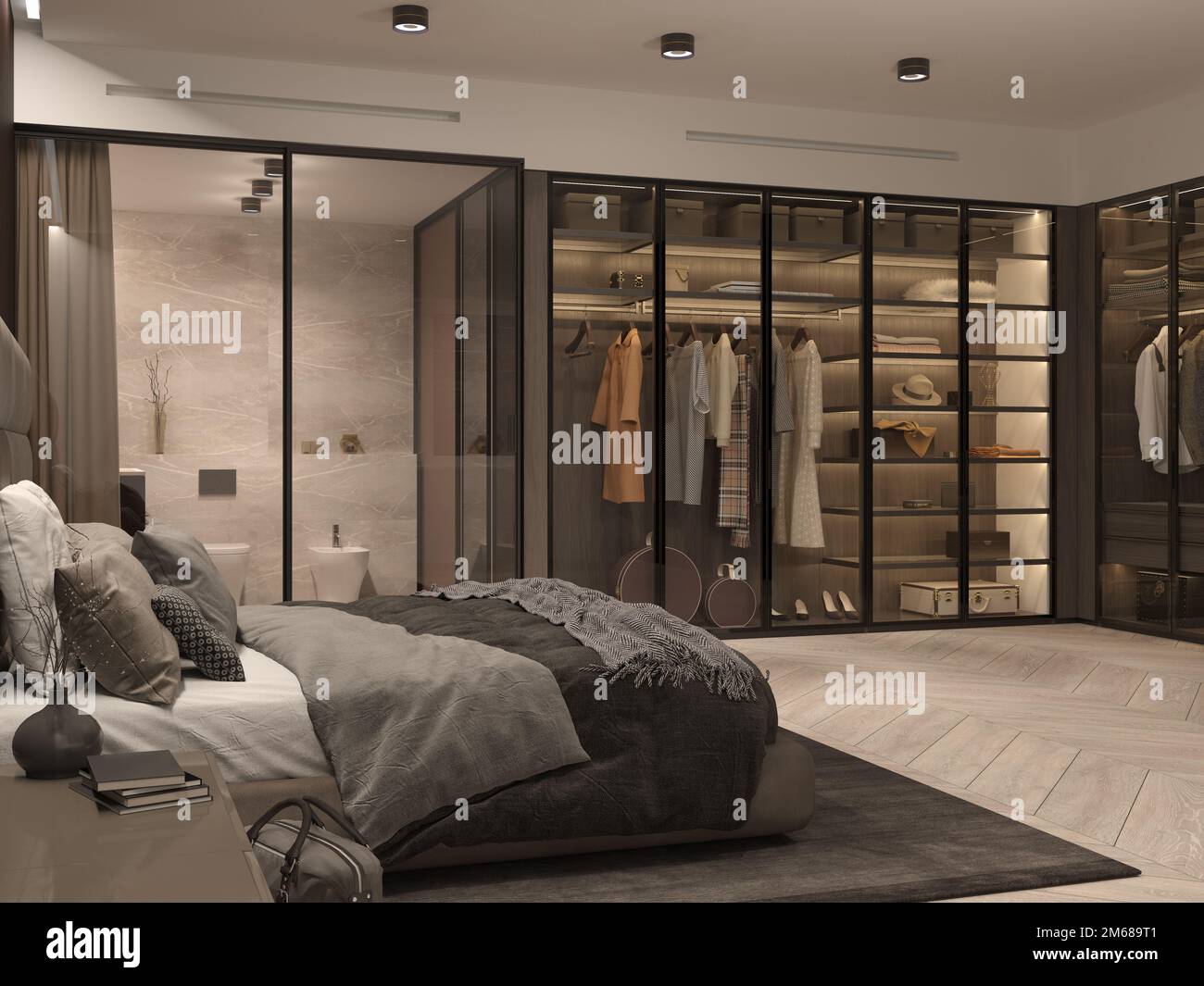 Big Bedroom with glass wardrobe and access to the bathroom. Corner cabinet, transparent doors ...
