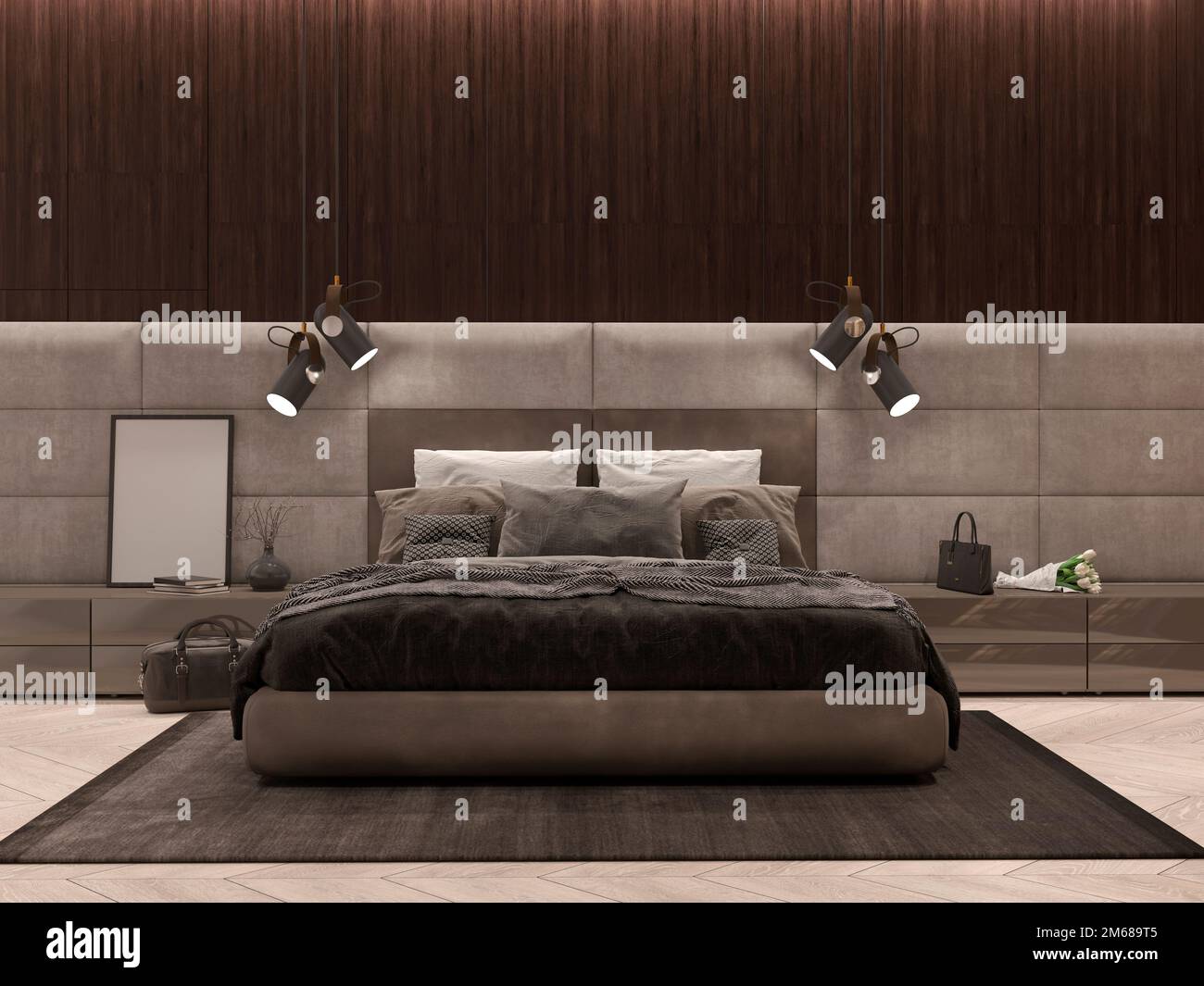 Stylish dark black bedroom interior with master bed, bedside tables