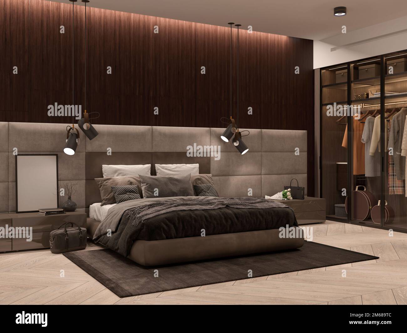 Stylish dark brown bedroom interior with master bed, wardrobe with