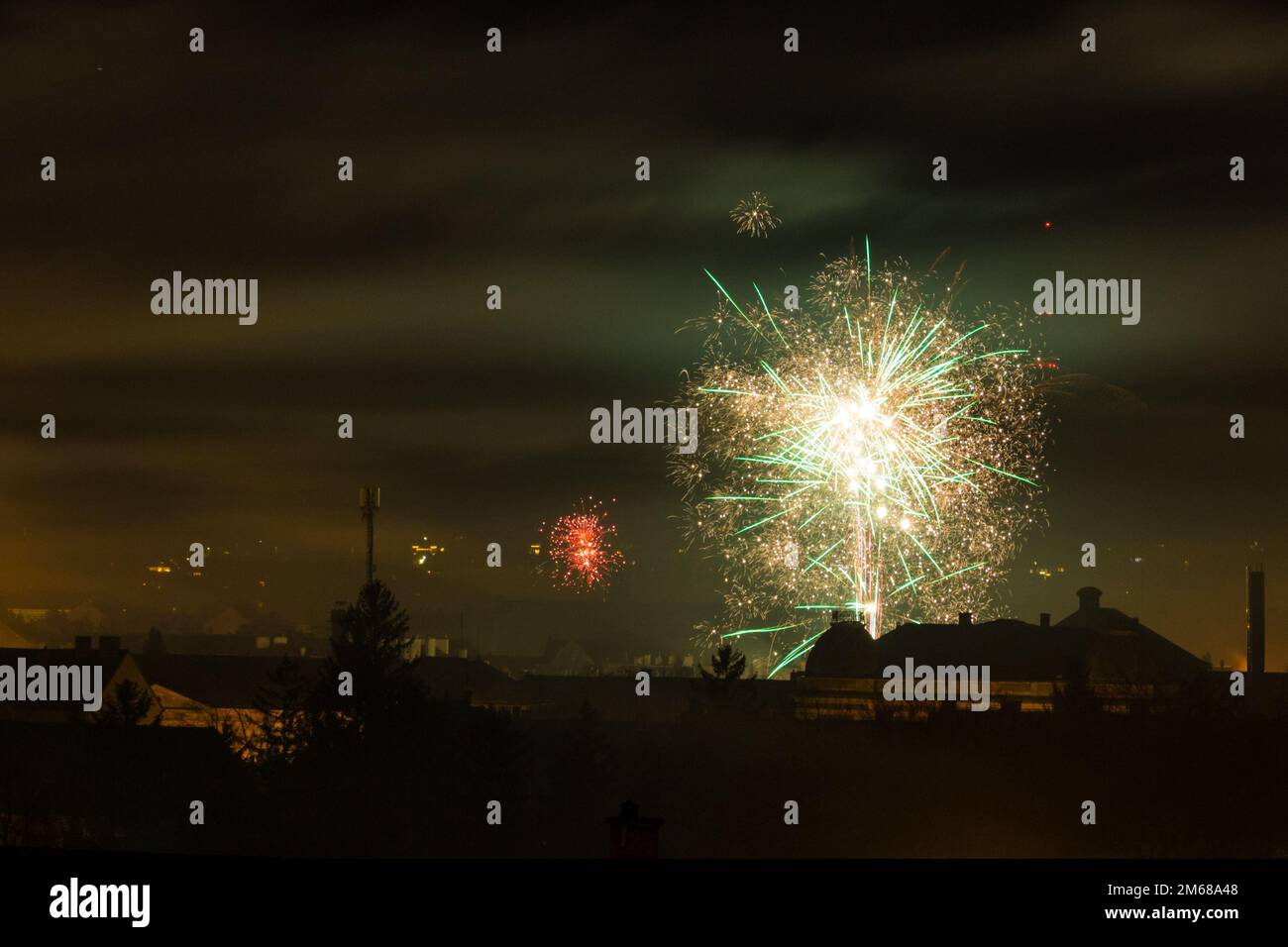 Fireworks at New Year's Eve at night, Sopron, Hungary Stock Photo