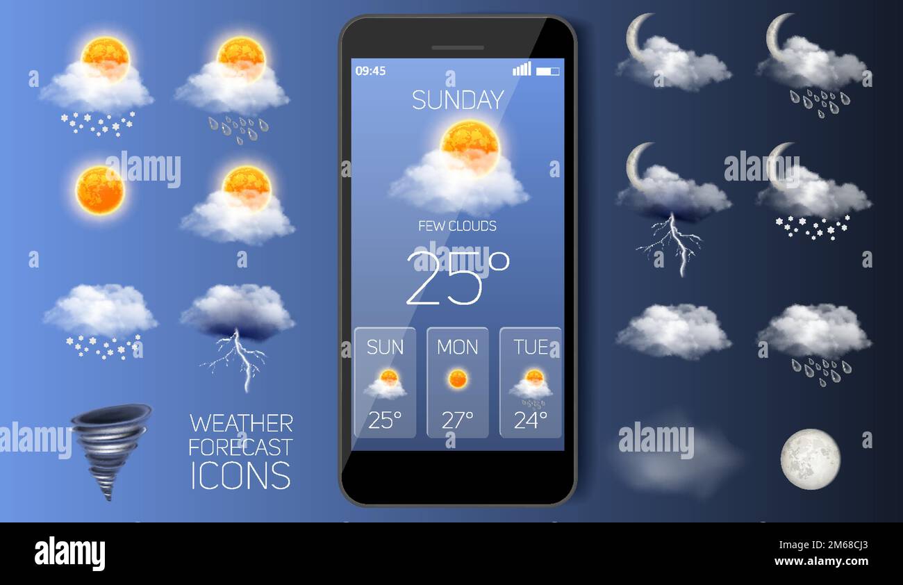 Weather forecast widget app vector realistic application Stock Vector