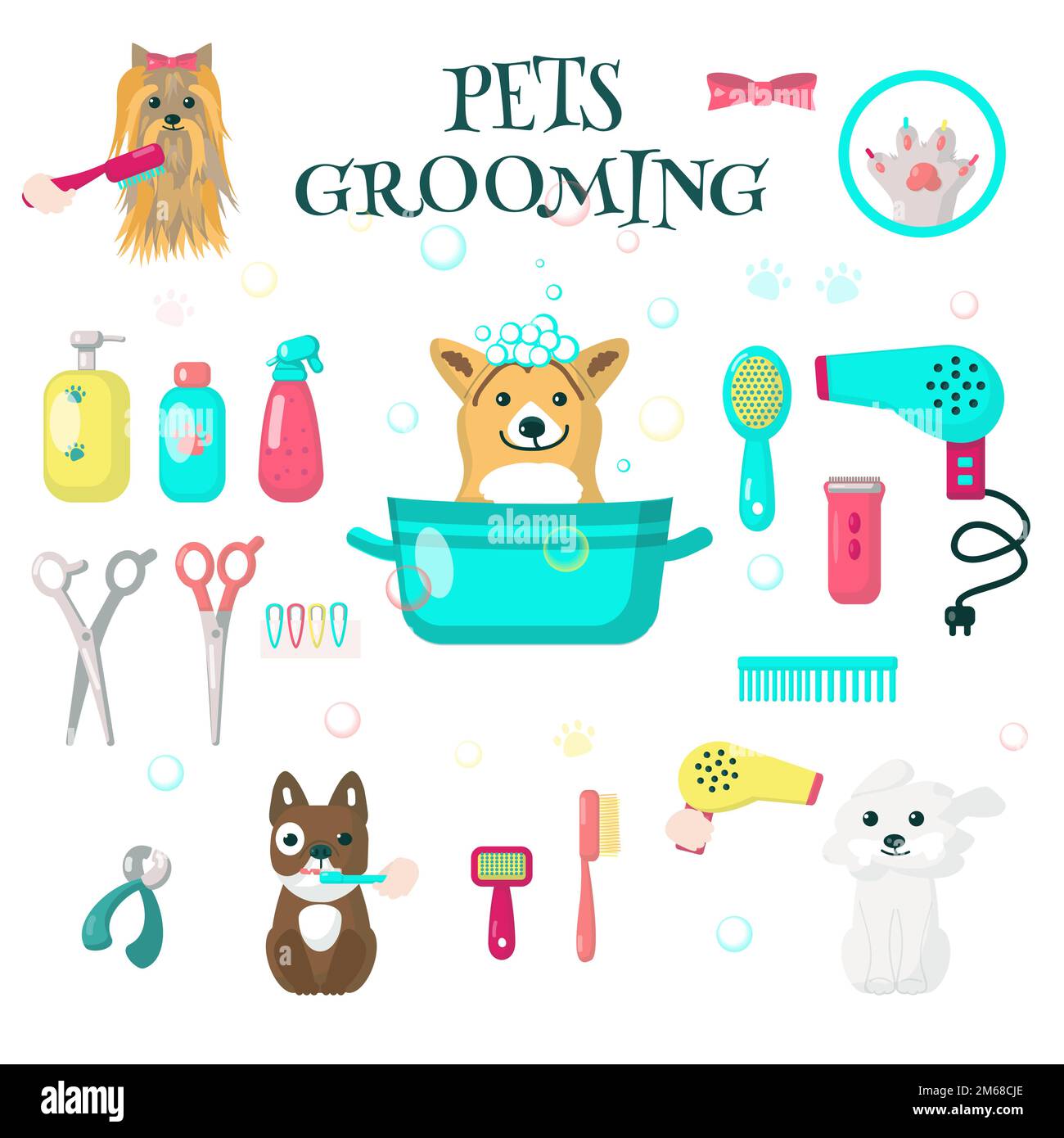 Pets grooming set, vector flat isolated illustration Stock Vector