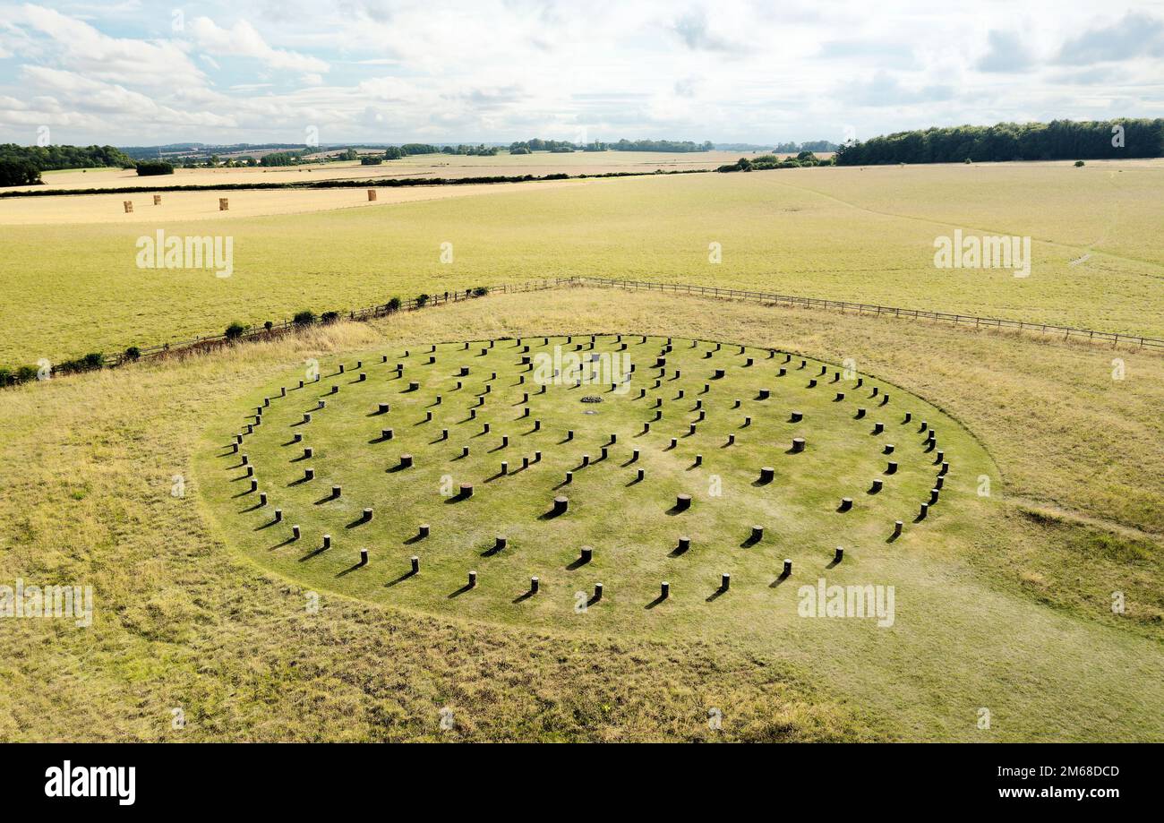 Woodhenge. Posts mark site of major prehistoric Neolithic concentric timber circles and henge enclosure 2 km N.E. of Stonehenge. Aerial view to S.W. Stock Photo