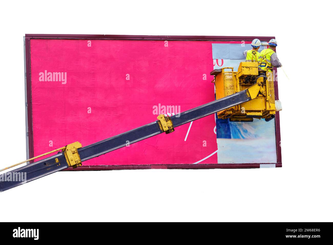 Two workers install red billboard on roadside of city street, isolated on a white background Stock Photo