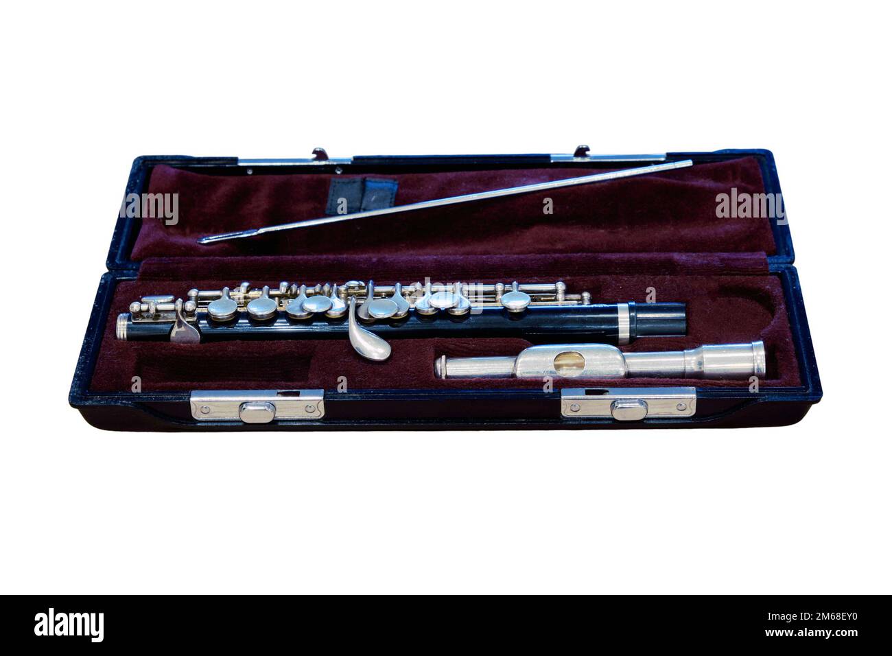 Piccolo flute in a red case, close-up, isolated on a white background Stock Photo