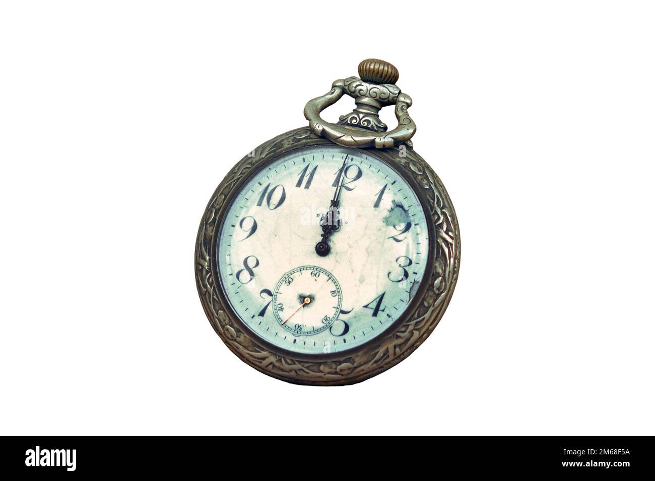 Old hand clock on a vintage, isolated on a white background Stock Photo