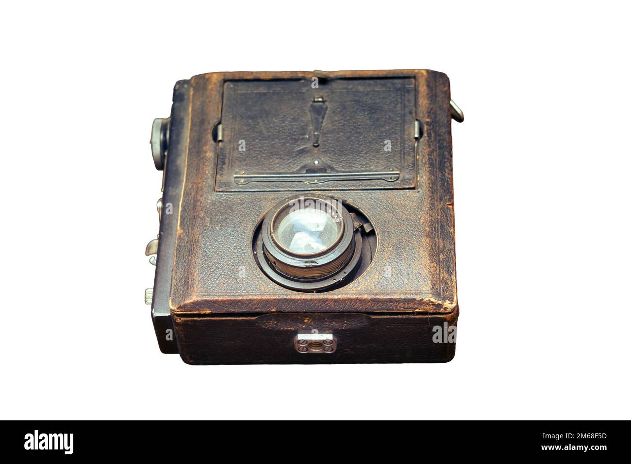 Vintage camera in a leather case, isolated on a white background Stock