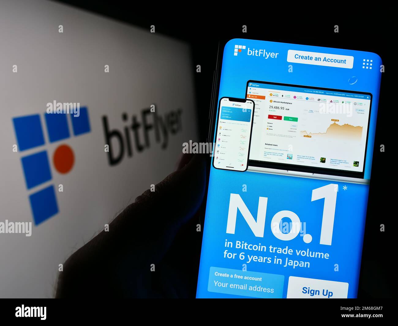 Person holding cellphone with website of Japanese crypto exchange company  bitFlyer on screen in front of logo. Focus on center of phone display Stock  Photo - Alamy