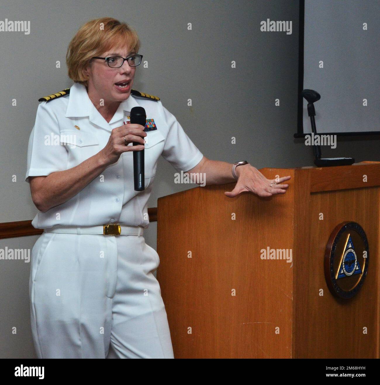 JACKSONVILLE, Fla. (April 19, 2022) – Capt. Teresa Allen, Naval Hospital Jacksonville’s commander, addresses the audience during the Duval County Medical Society / Naval Hospital Jacksonville dinner at Naval Air Station Jacksonville’s Officers Club on April 19. Stock Photo