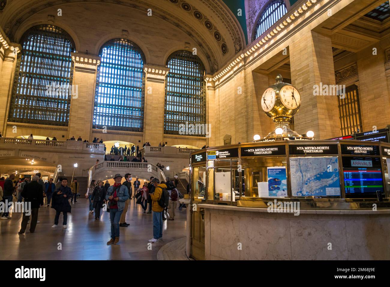 Central information booth with iconic clock atop of it, Main Concourse of the Grand Central Terminal, the iconic commuter rail terminal located at 42n Stock Photo