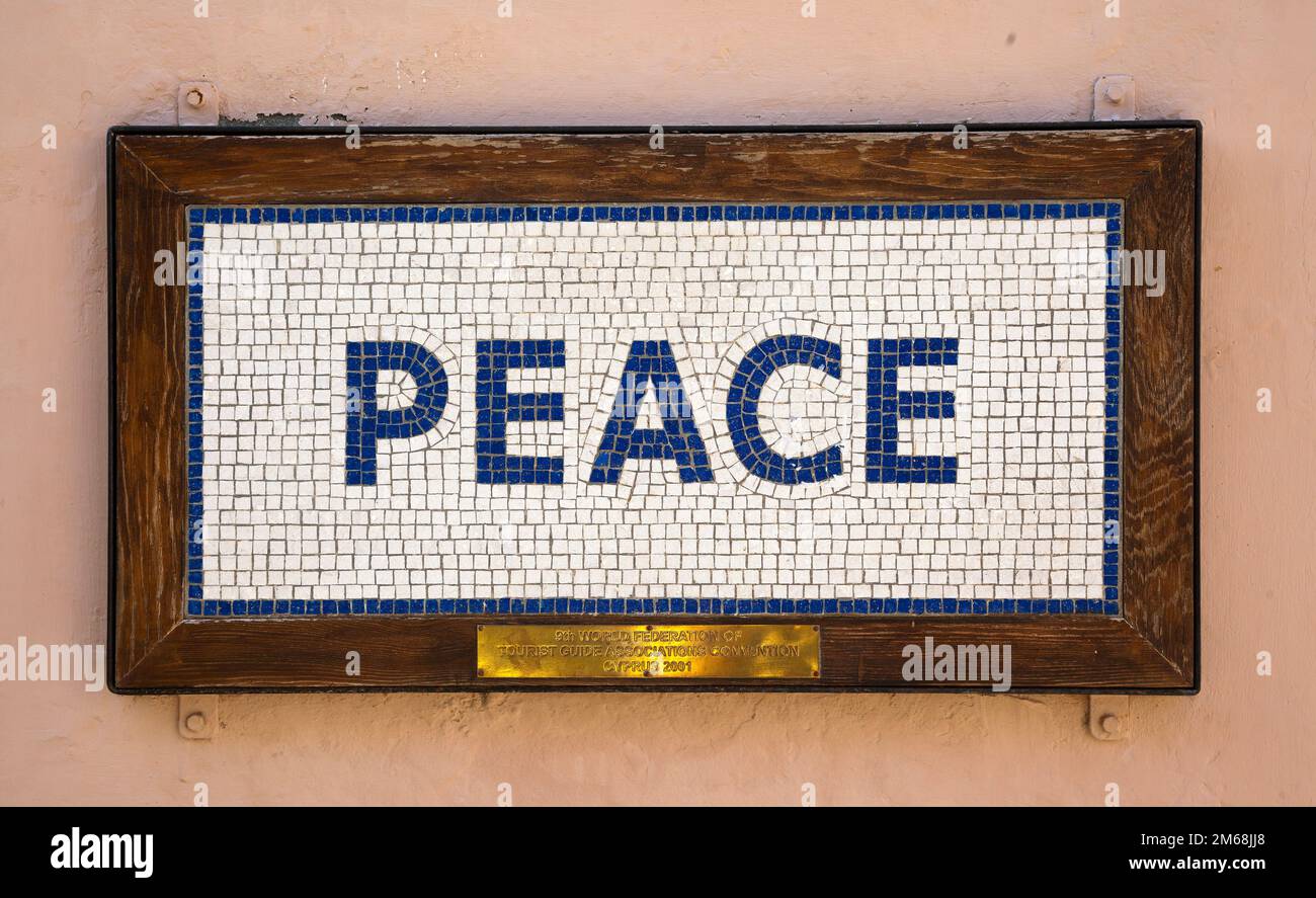 Peace ceramic mosaic plaque, Ledras street, Nicosia, Cyprus, Greece-Turkey division Stock Photo