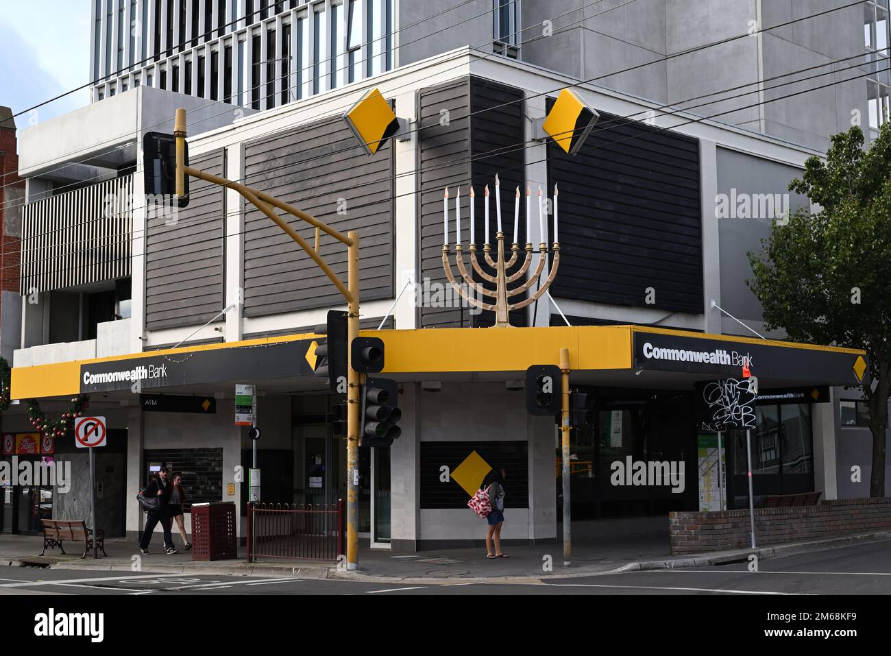 Commonwealth Bank branch, on the corner of Glen Huntly Rd and Orrong Rd, with a large menorah