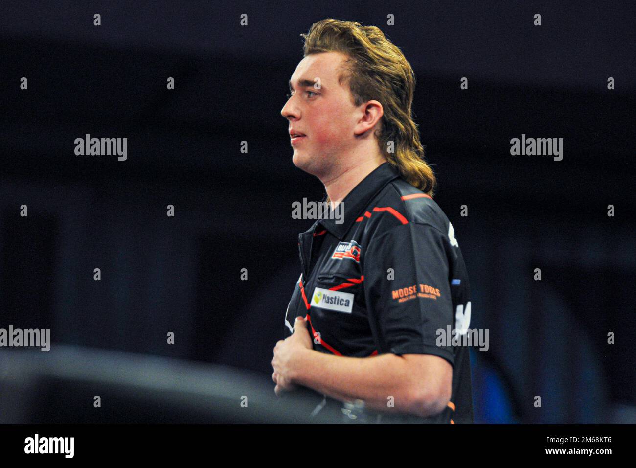 LONDON, ENGLAND - DECEMBER 19: Danny Jansen of the Netherlands looks on  during Day Five of the Cazoo World Darts Championship at Alexandra Palace  on December 12, 2022 in London, England. (Photo