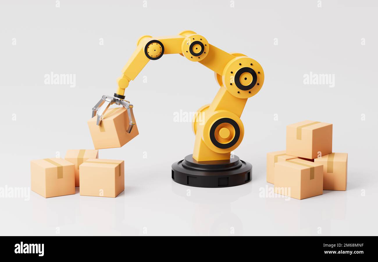Mechanical arms carry boxes, Assembly line and mechanical operation, 3d