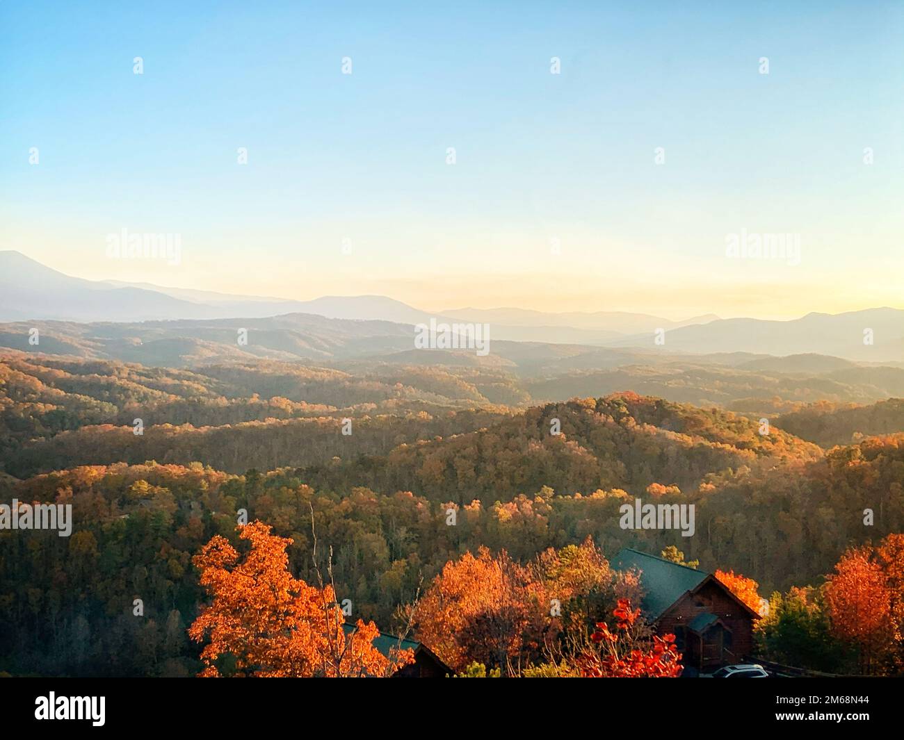 Scenic view over the mountains by sunset Stock Photo