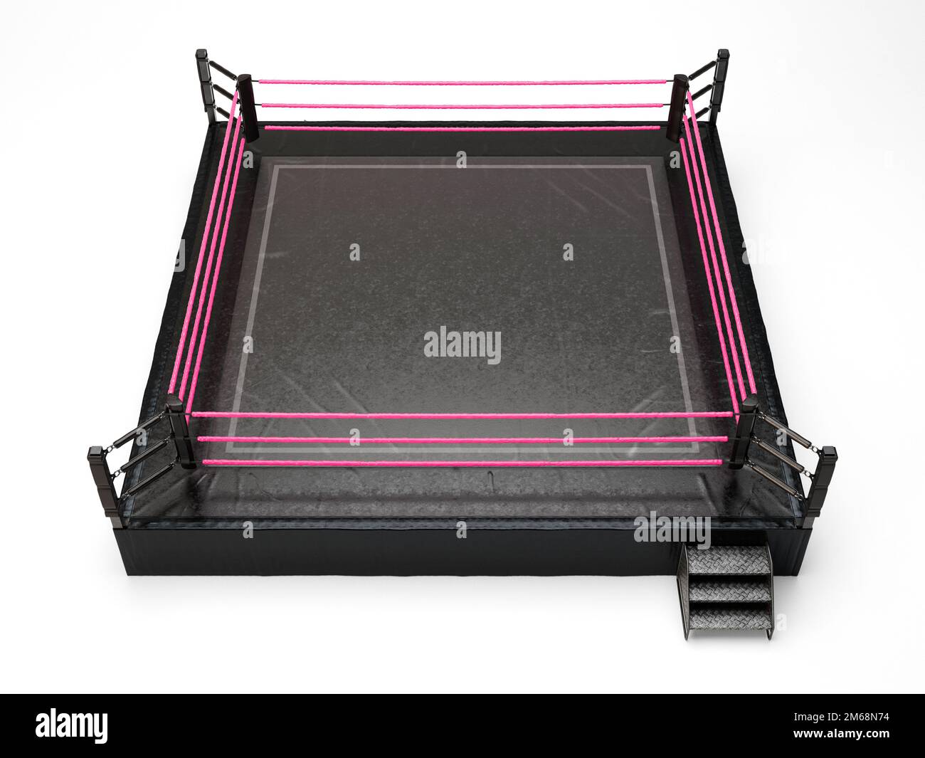 A modern oversized wrestling ring with pink ropes and a black canvas