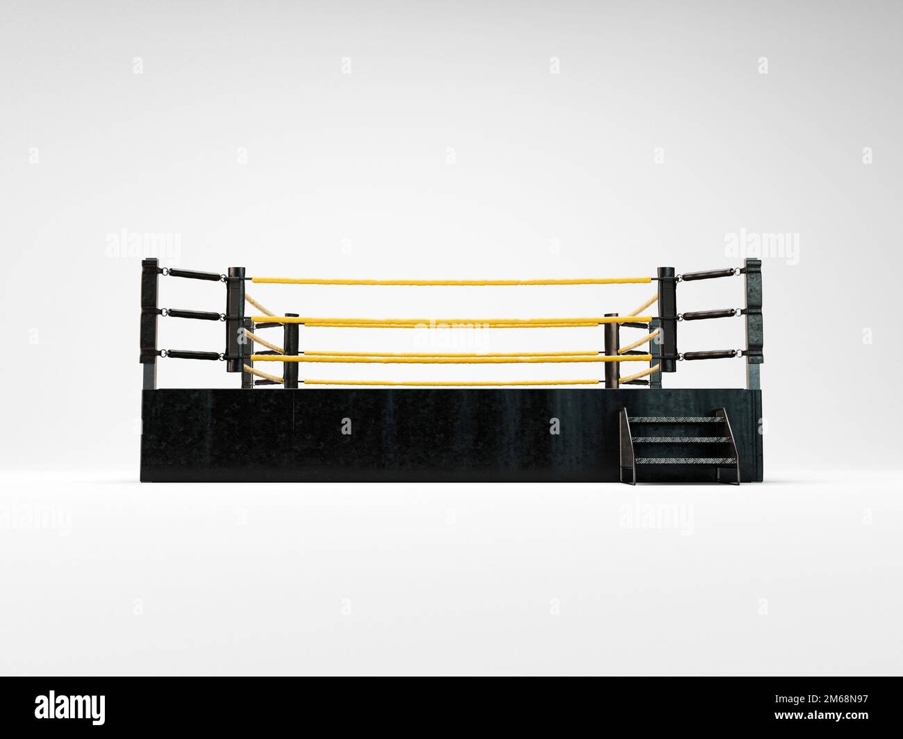 A modern regulation wrestling ring with pink ropes and a black canvas