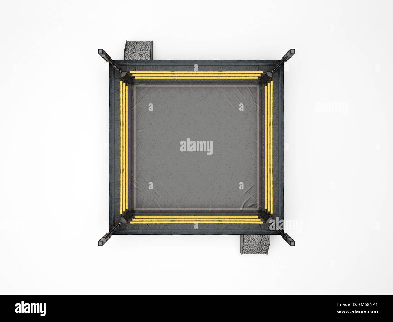 A modern regulation wrestling ring with pink ropes and a black canvas