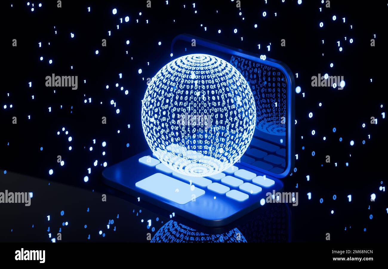 Binary code and laptop, Global digital communication, 3d rendering ...