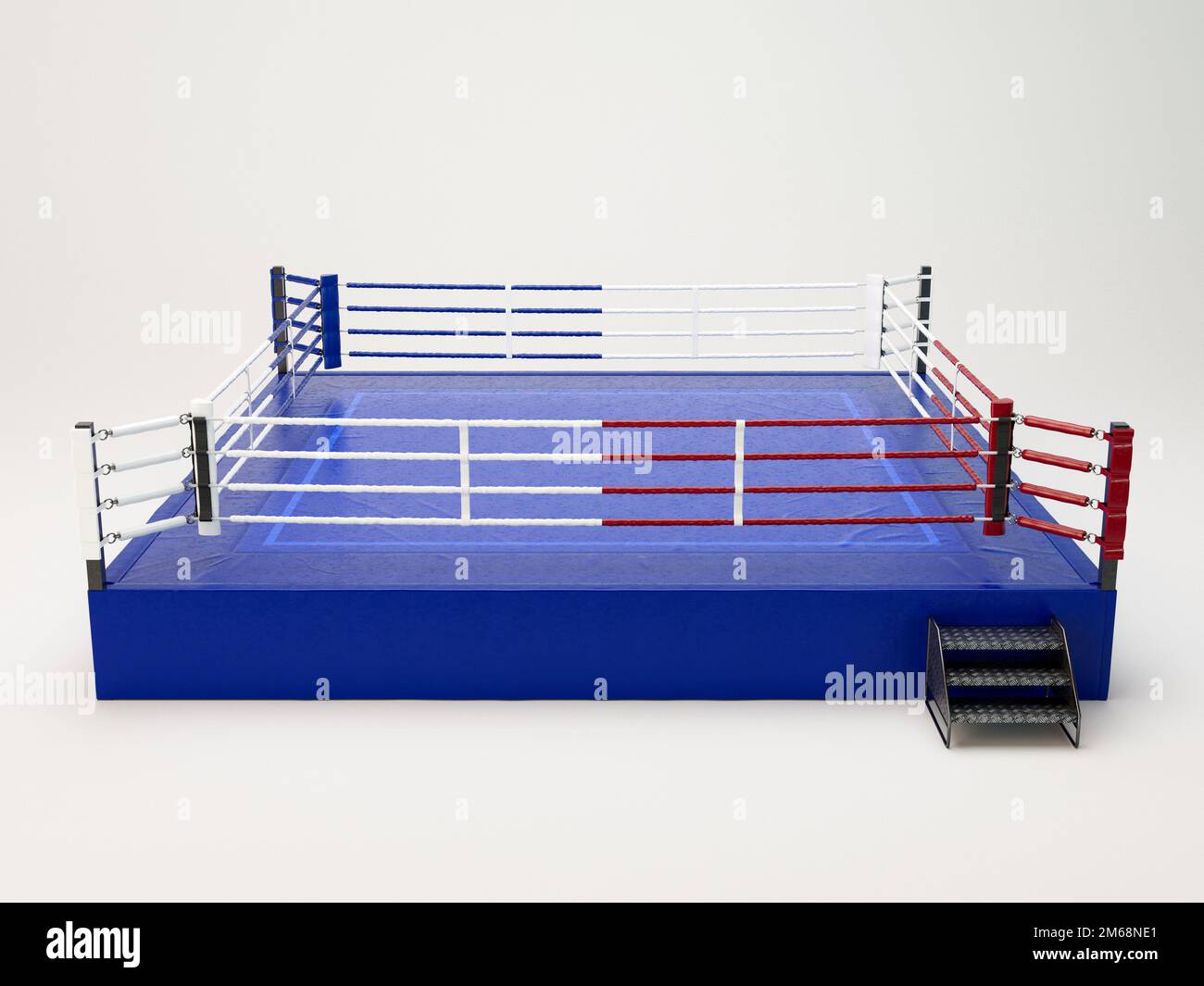 A modern oversized boxing ring with opposing blue and red corners on an