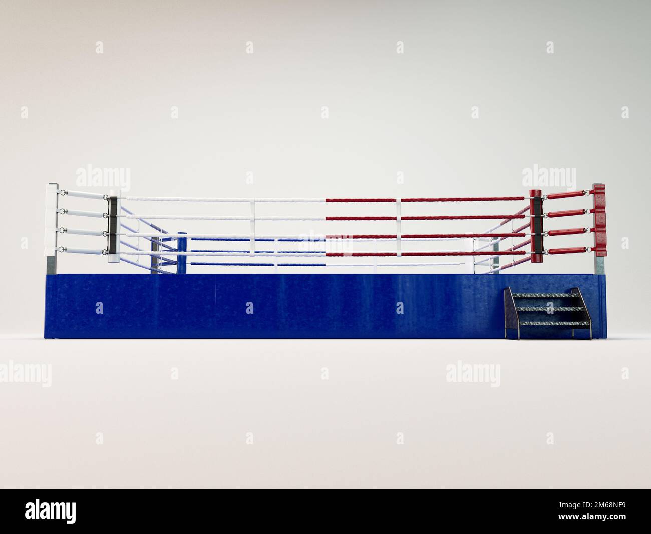 A modern oversized boxing ring with opposing blue and red corners on an