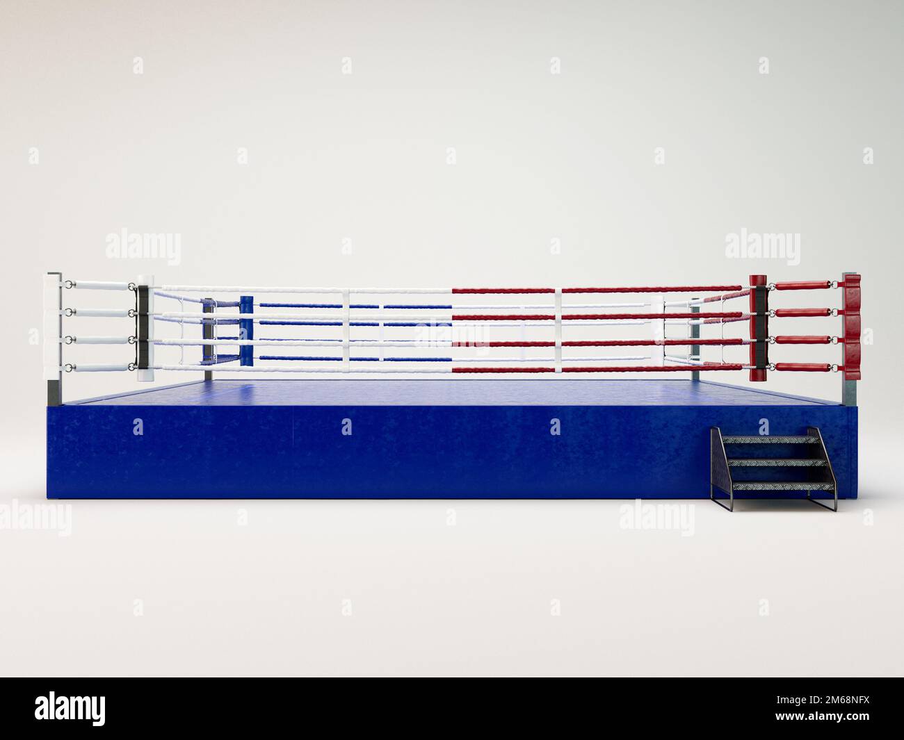 A modern oversized boxing ring with opposing blue and red corners on an